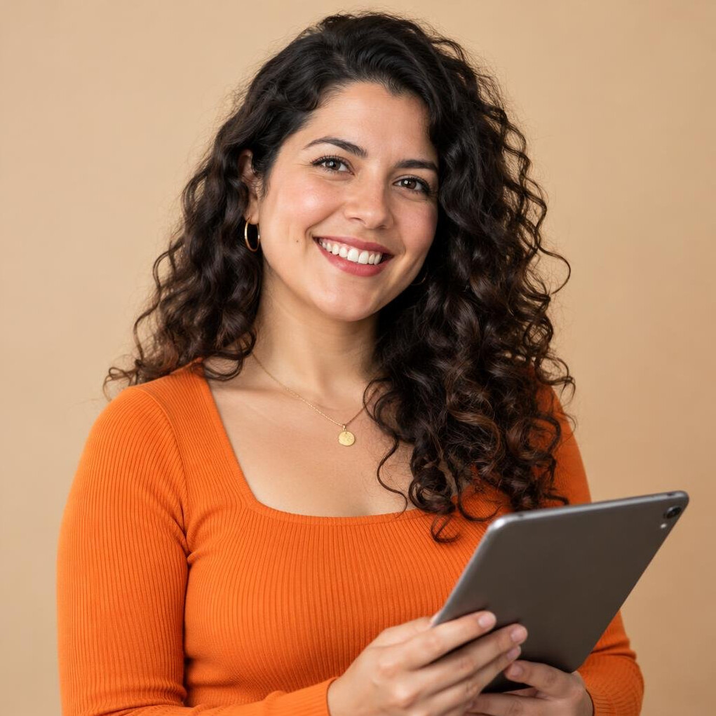 Portrait of a young Latin American woman content producer with curly hair